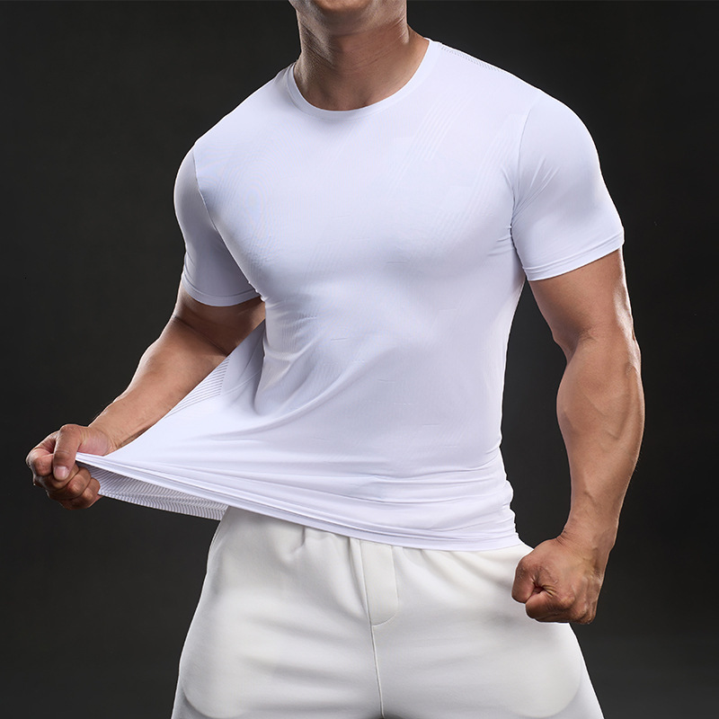Designer Sexy Trend 2025 Summer Sports Elastic Round Neck Men's Fitness And Leisure Ice Silk Short Sleeved T-shirt