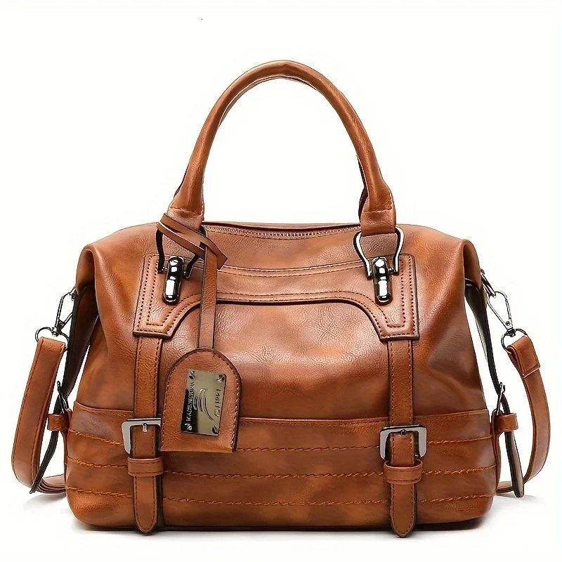 Ship from US Retro PU leather handbag fashionable Boston shoulder bag daily simple cross body 250227FBB