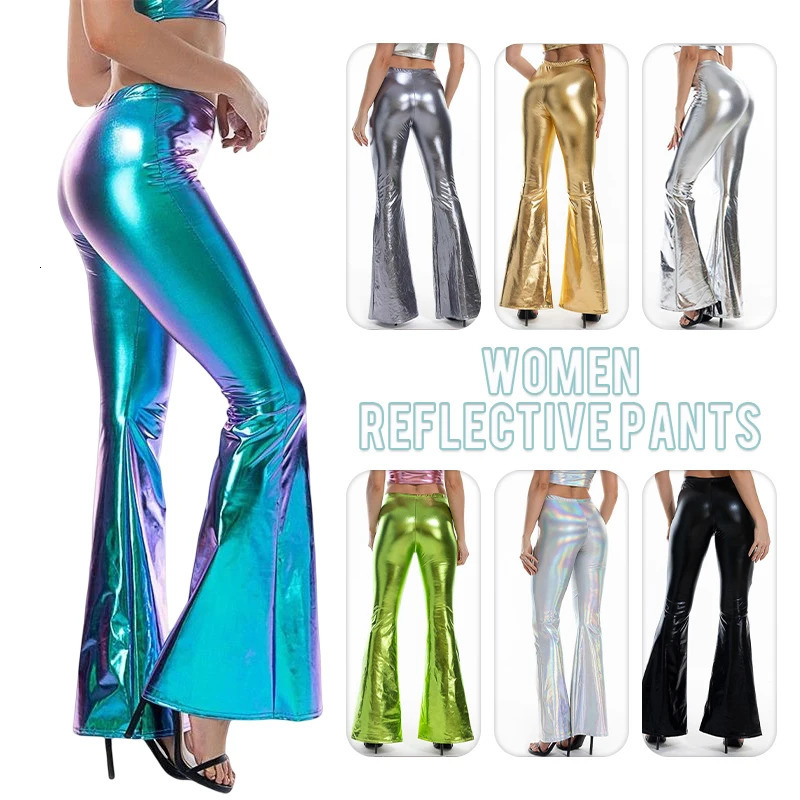 Womens sexy PU leather metal pants shiny holographic Flare womens elastic waist Flared Trousers dance performance club uniform 250227