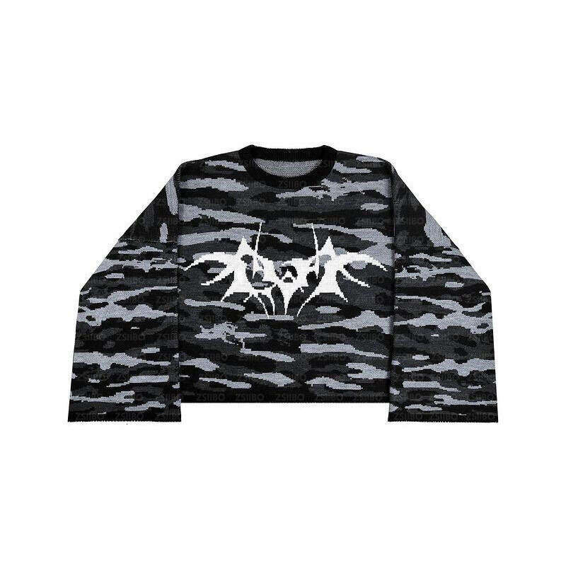 Gothic dark trend high street fashion knitted jacquard aesthetic round neck top sweater for autumn winter men and women