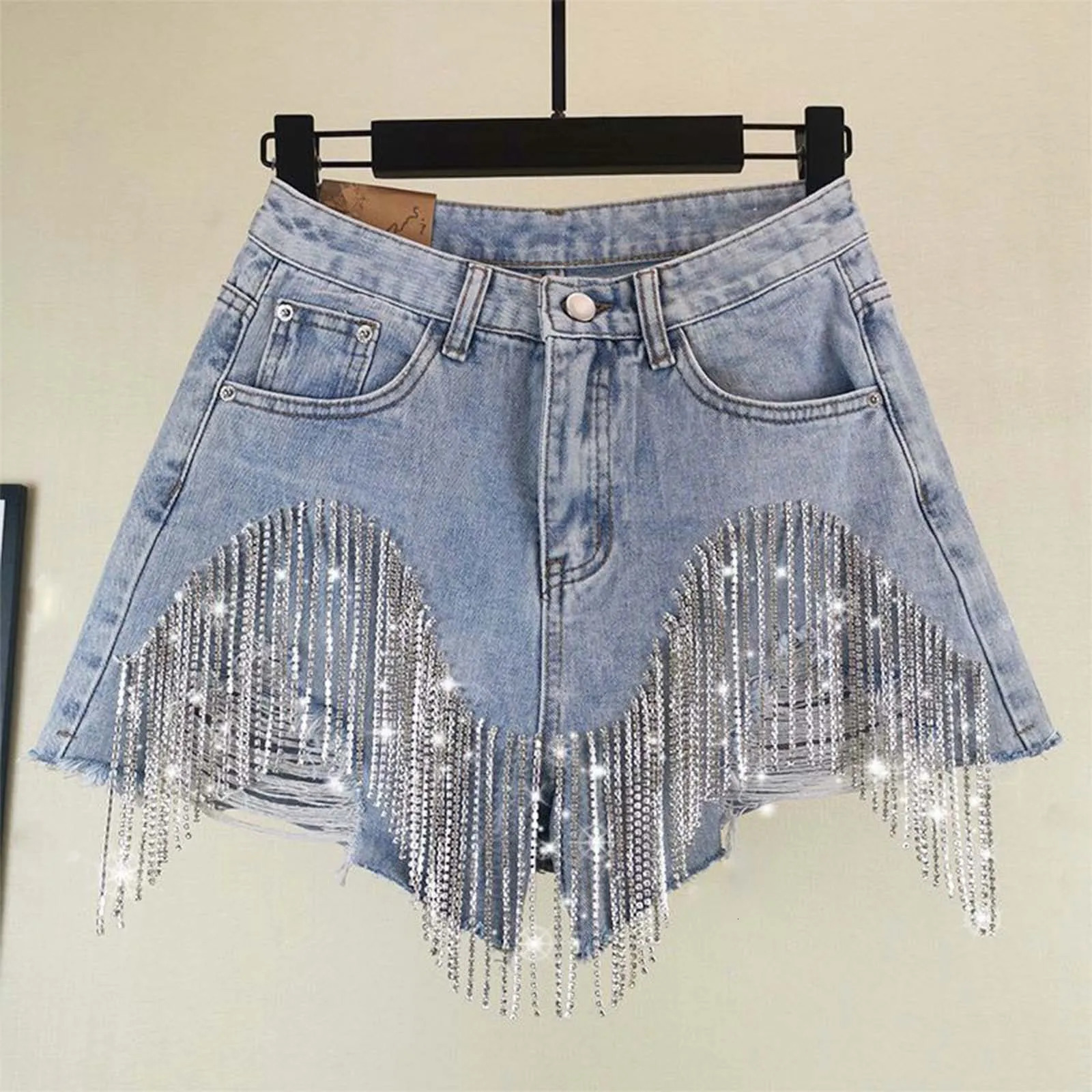 Sexy Diamonds Tassels Ripped Jeans Shorts Womens Fashion High Waist Irregular Streetwear Holes Denim Shorts Casual Bottoms 250226