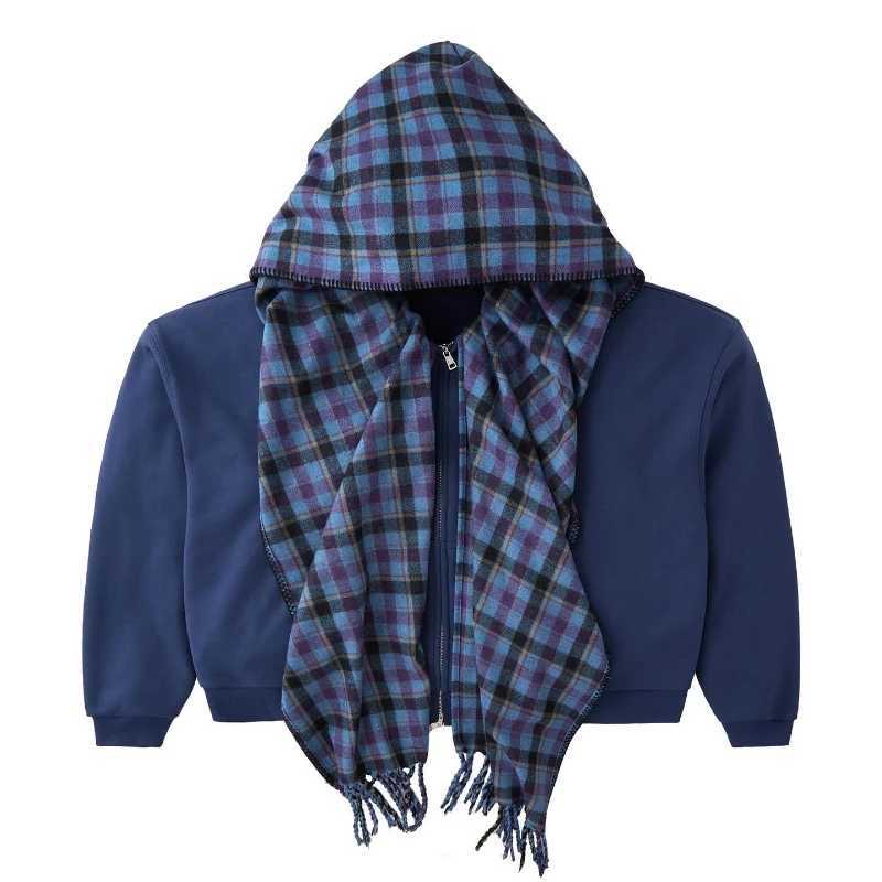 Y2K Scarf Zip Up Hoodie Retro Plaid Double Veil Embroidery Sweatshirt Strtwear Harajuku Vintage Classic Trend Unisex Boxy Coat X250227