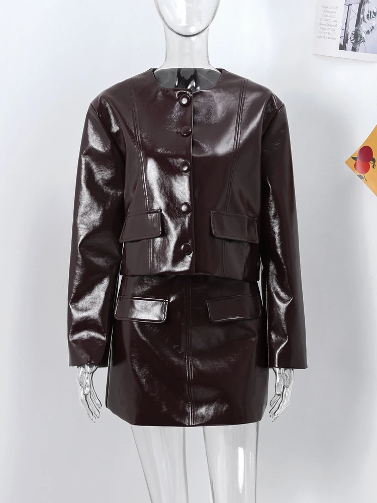 Fashion PU Leather Jacket Skirts Suits Women Long Sleeve Button Coat Hip Package Mini Skirt Autumn Street Y2k 2 Piece Set 250226