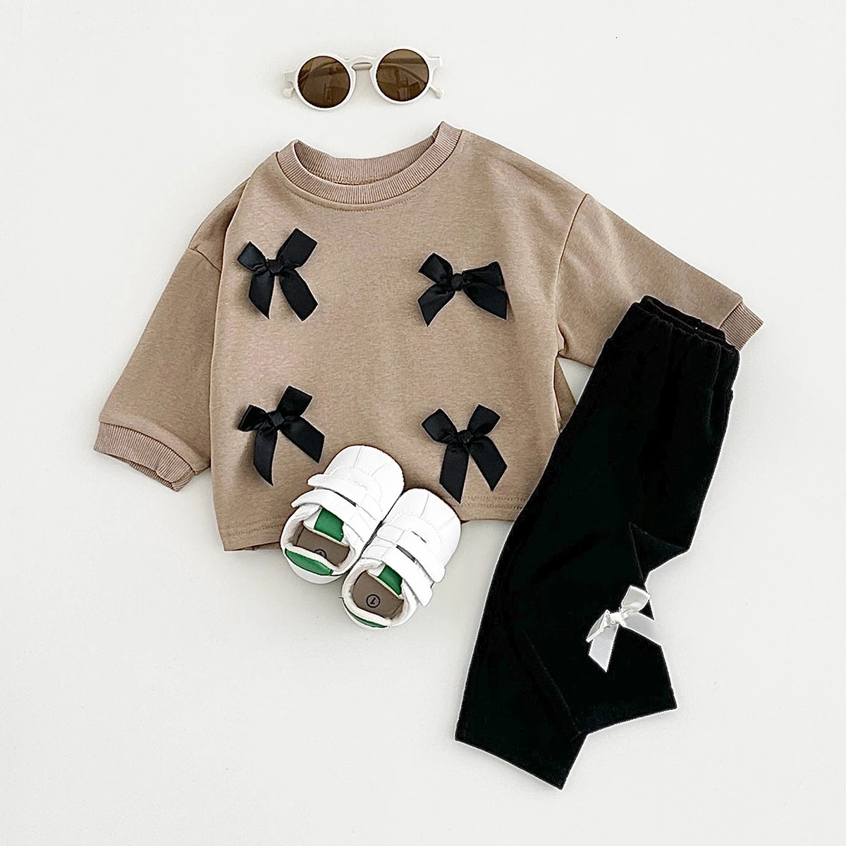 Ins Toddler Baby Suit Infant Outfit Baby Girls Spring Autumn Long Sleeved Bow Top PulloverPants born Baby Clothes Sets 0-3Y 250227