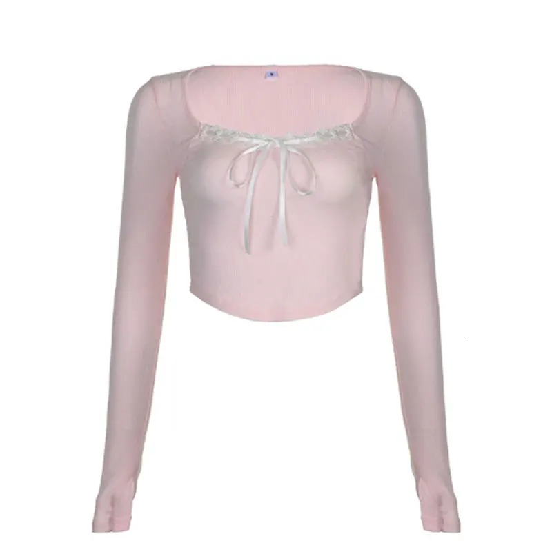 Mooyu Cute Bandage Bow Cropped Top Pink Sweet Coquette T Shirts Fall Spring Casual Square Collar Tees Women y2k Aesthetic 250226
