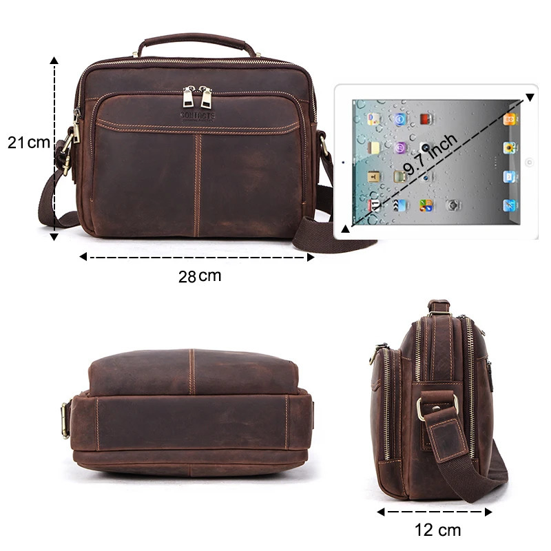 Ship from US CONTACTS Crazy Horse Leather Men Messenger Bag Vintage Man Crossbody Handbags Large Capacity Male Shoulder Bags 250227FBB
