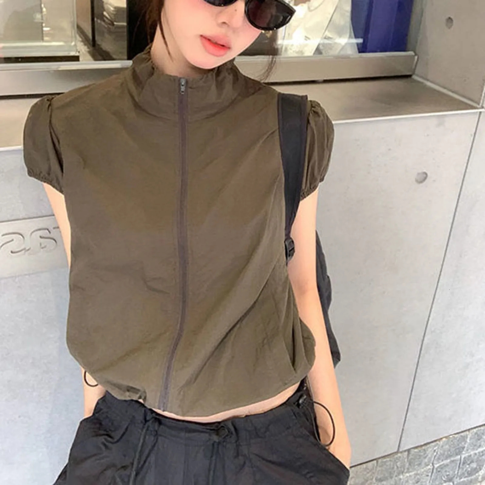 Womens Clothing Sales Street Retro Top Camping Style Thin Zipper Stand Up Neck Short Sleeve Sun T Shirt Instagram Y2k 250226