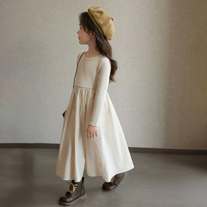 Girls Knitted Patchwork Dress Childrens Round Neck Long-Sleeved Dress 3-9 Years Old Baby Dresses 250227