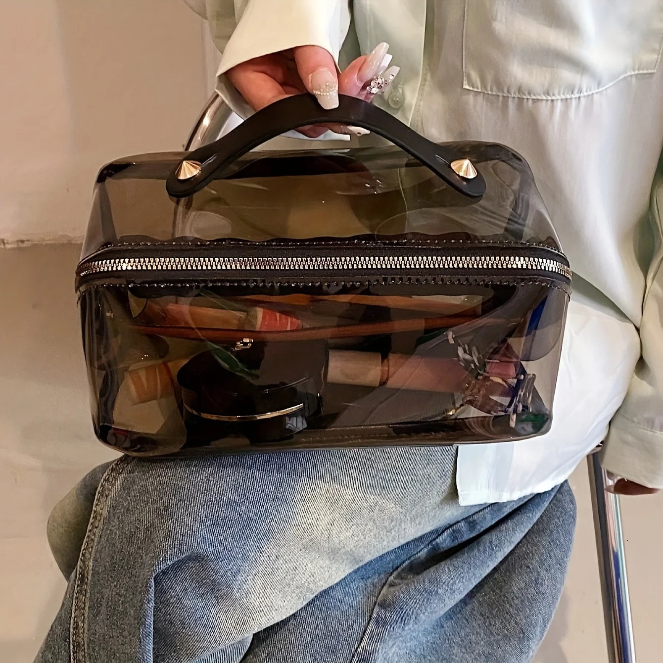 Ship from US Transparent Makeup Bag with Handle Portable Organizer Travel Toilet Box 250227FBB
