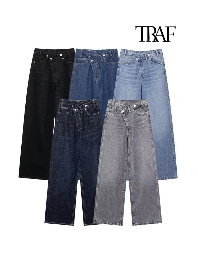 TRAF Womens Basic Hundred Jeans Fashion Asymmetric n High Waist Wide Leg Trousers Casual Straight 250226