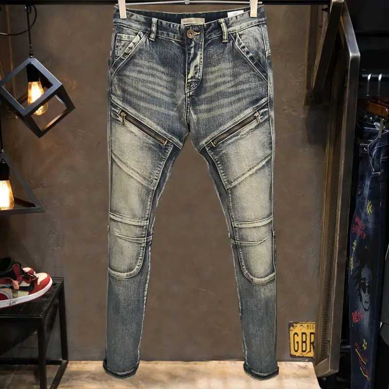 High Quality Fashion 2022 Worn Wash Splicing Zipper Decoration Multi Bag Elastic Motorcycle Biker Jeans Cargo Retro Pants Men X250227