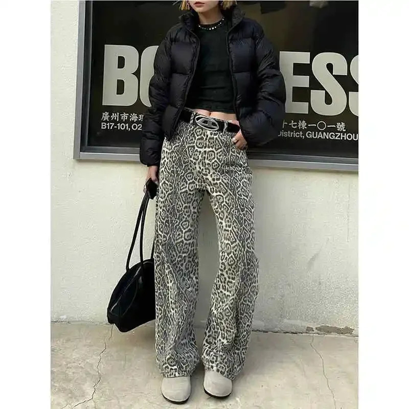 American Retro Leopard High Waist Baggy Jeans Womens Casual Pocket Hip hop Pants Spring Y2K Oversiz Panther Denim Trouser 250226