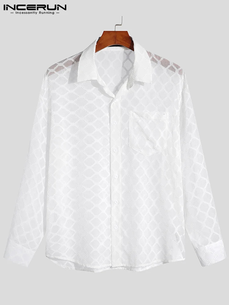 Handsome Well Fitting Men Blouse Vacation Hollow Out Stitching Male Breathable Mesh Long-sleeved Shirts S-5XL INCERUN Tops 250222