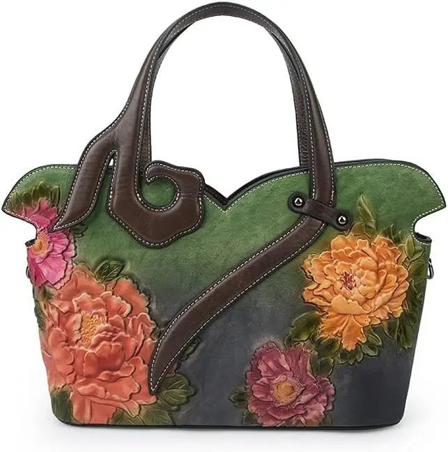 Ship from US Flower genuine leather womens handbag vintage denim shopping shoulder bag 250227FBB