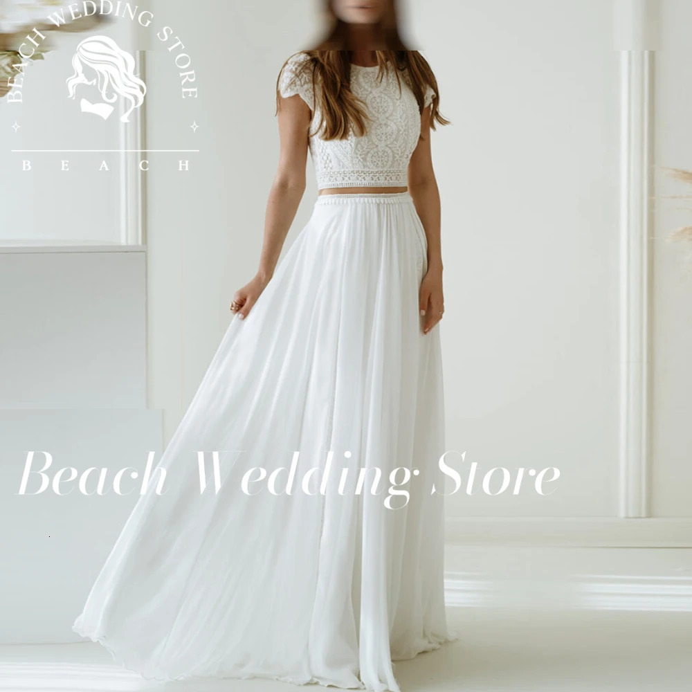 Beach custom elegant O-neck lace decal wedding dress womens short sleeved backless bridal dress A-line simple bridal dress 250226