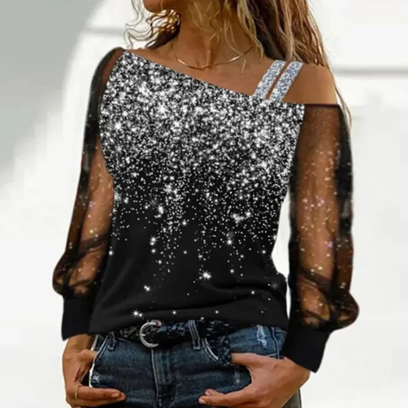Silver shoulder strap transparent sleeve sequin shirt womens sexy Tshirt Christmas tree print long sleeved top 250226