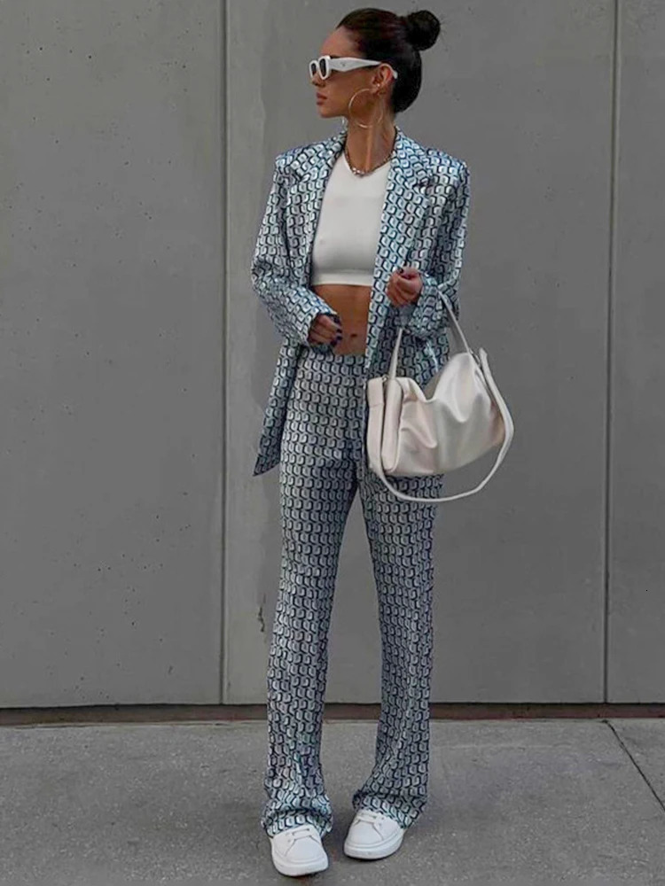Autumn Winter Women Office Satin Suit Sets Printed V-neck Long Sleeve 2 Piece Pant Matching Set 250226