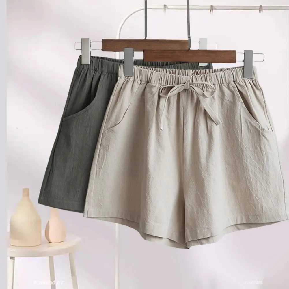 Short Pants with Drawstring High Waist Solid Color Double Pockets Thin Linen Wide Leg Women Casual Shorts Outdoor Streetwear 250227