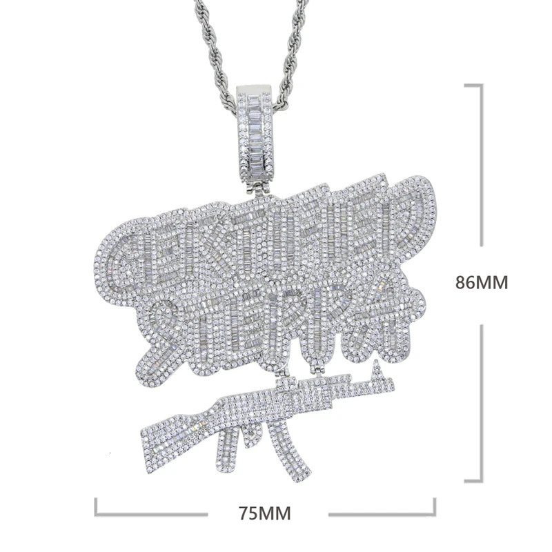 Iced Out Bling CZ AK47 Gun Pendant Necklace Cubic Zirconia Letter Certified Steppa Charm Men Fashion Hip Hop Jewelry 250227
