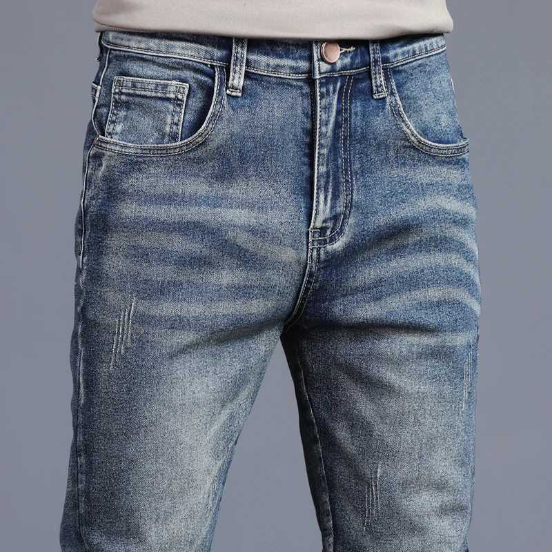 2023 Autumn New Winter Mens Jeans Retro Blue Solid Color Elastic Classic Jeans Mens Ultra Thin Fashion Jeans Trouser Mens 27-38 X250227