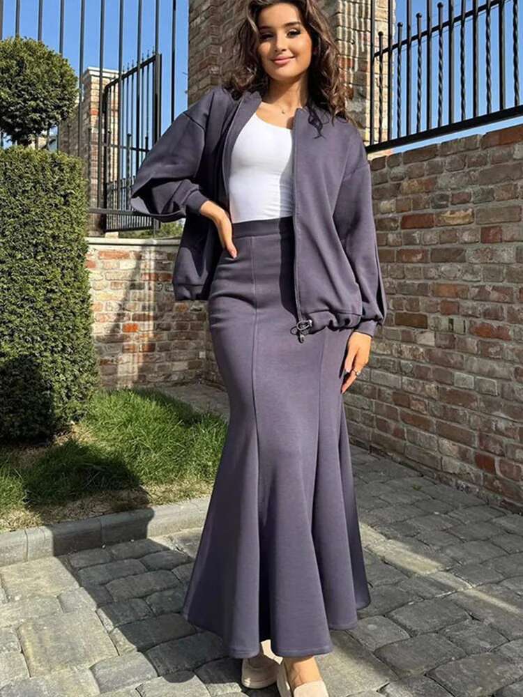 Vintage Women's Two Pieces Set Casual Long Sleeve Zipper Loose Jacket Hip Package Fish Tail Skirt 2025 Spring Retro Ladies Suit