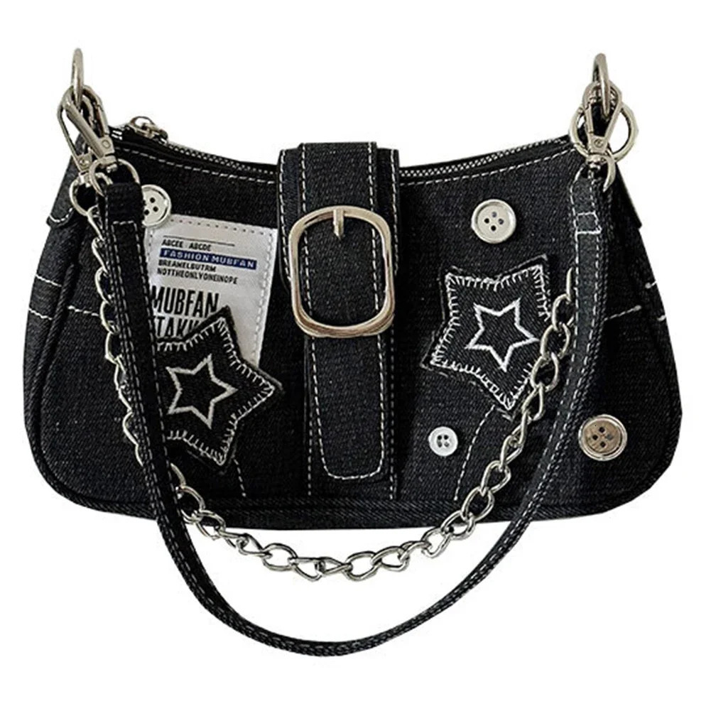 Ship from US Women Cool Style Tote Purse Large Capacity Y2K Star Denim Underarm Bag Vintage Armpit Solid Color Simple Commuting 250227FBB