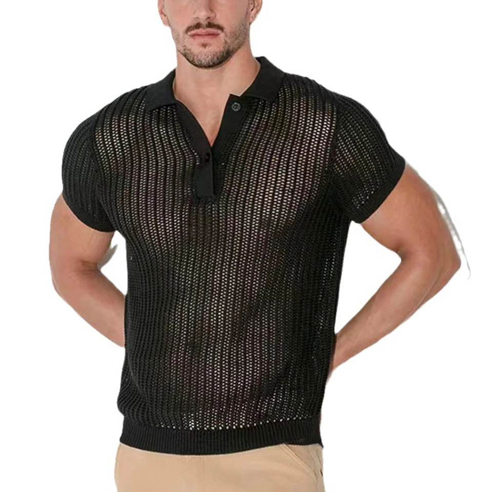 Shirt Tops V-lapel Tops Solid Color Fashion Streetwear Ribbed Knitted Sexy See Through Hollow Out Short Sleeve Shirt 250222