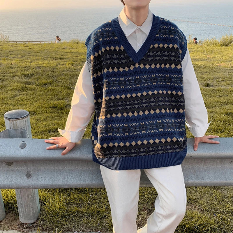 Retro warm sweater mens Vneck knitted spring loose casual long sleeved sleeveless jacquard 250225