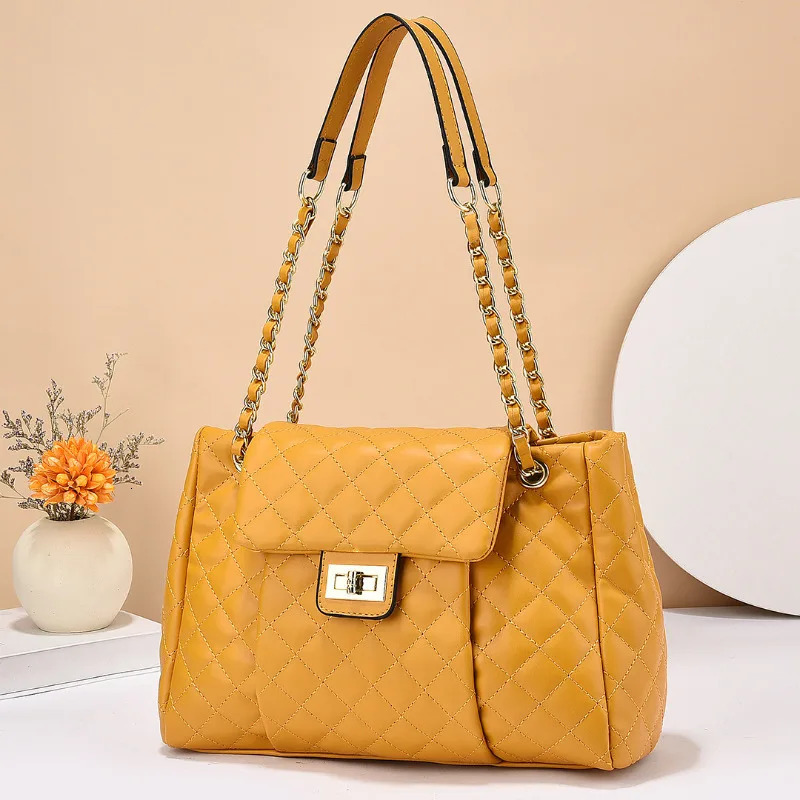 Ship from US Womens Fashionable Versatile Soft Leather Chain Bag Quilted Shoulder Crossbody and Handheld 250227FBB