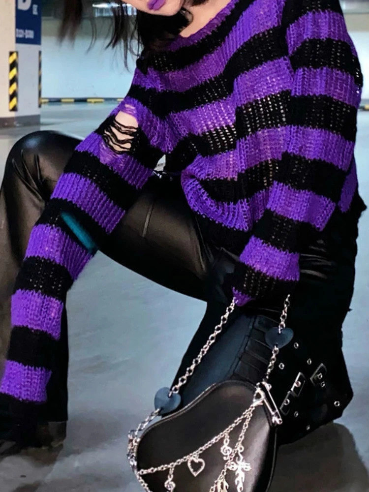 KOSAHIKI Striped Womens Crop Sweater Punk Streetwear Korean Style Hole Thin Knitted Gothic Long Sleeve Y2k Pullover 250225