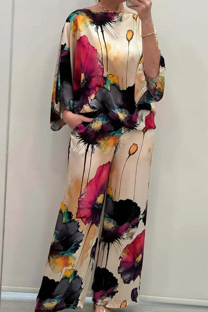 Conjuntos Para Mujeres 2 Piezas Women Printed Satin Two-piece Set 34 Sleeve Round Neck Pants Summer Fashionpant Sets 250320