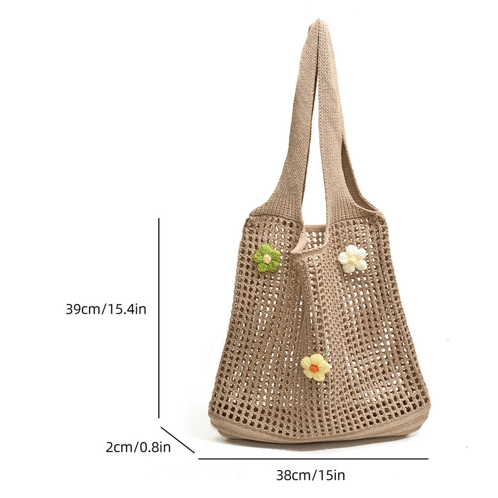 Ship from US Women Knitted Tote Bag Crochet Shoulder with Flower Decor Hollow Out Handbag Casual Beach Outdoor Travel 250227FBB