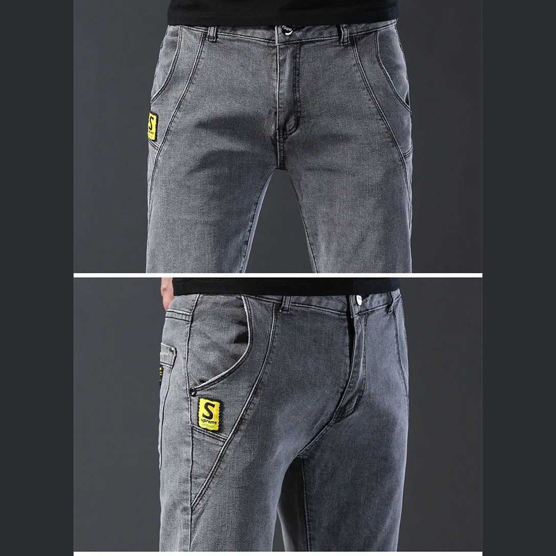 Fashion Men Stretch Straight Slim Grey Denim Jeans Male Streetwear Chic Elastic Pants Long Thin High Street Small Feet Trousers X250227