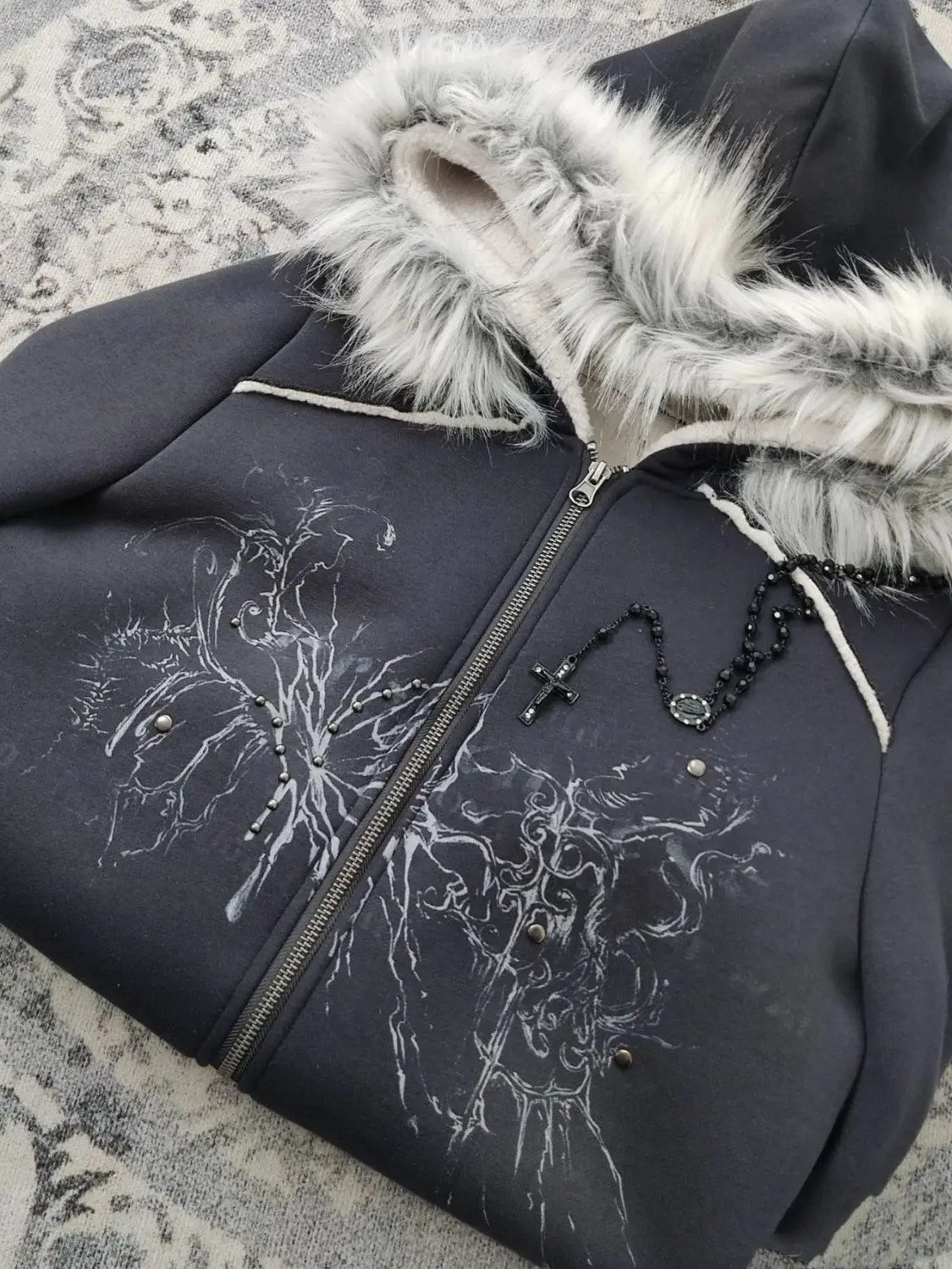 Y2K diamond stud hooded fur collar womens sweater jacket Autumn niche Korean retro printed black velvet cardigan top 250226