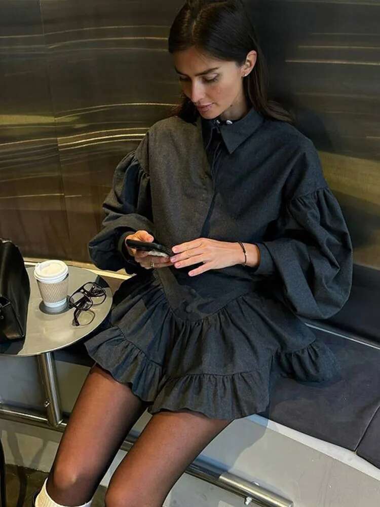 Fashion Puff Lantern Sleeve Ruffled Mini Skirts Women Spring Single Breasted Shirts High Waist Skirt 2 Pieces Sets