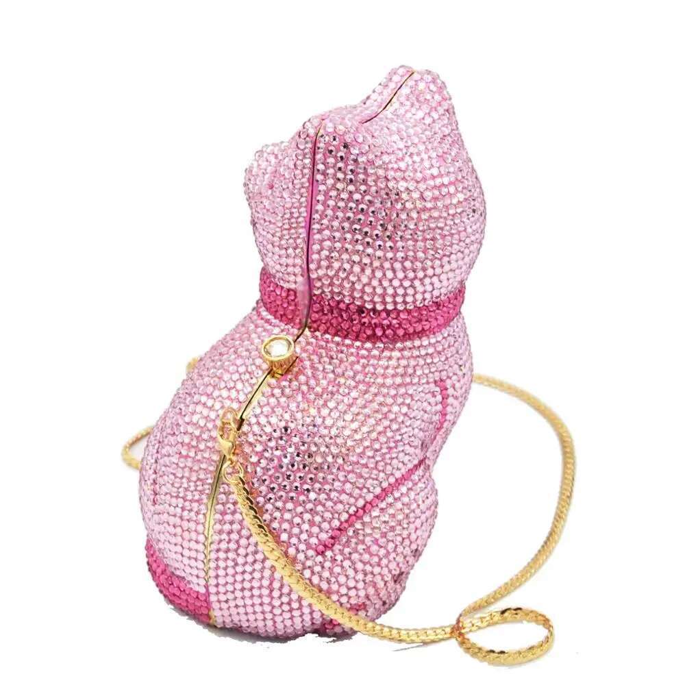 Pink Cat Animal Crystal Evening Bags Customized color Dia Party Prom Purse Wedding Bridal banquet Handbags p10