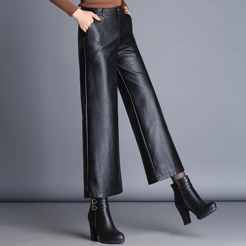 ZUZK Women Wide Leg PU Leather Pants Autumn Winter Fashion Warm Long Pants Straight Elegant Leather Trousers 250226
