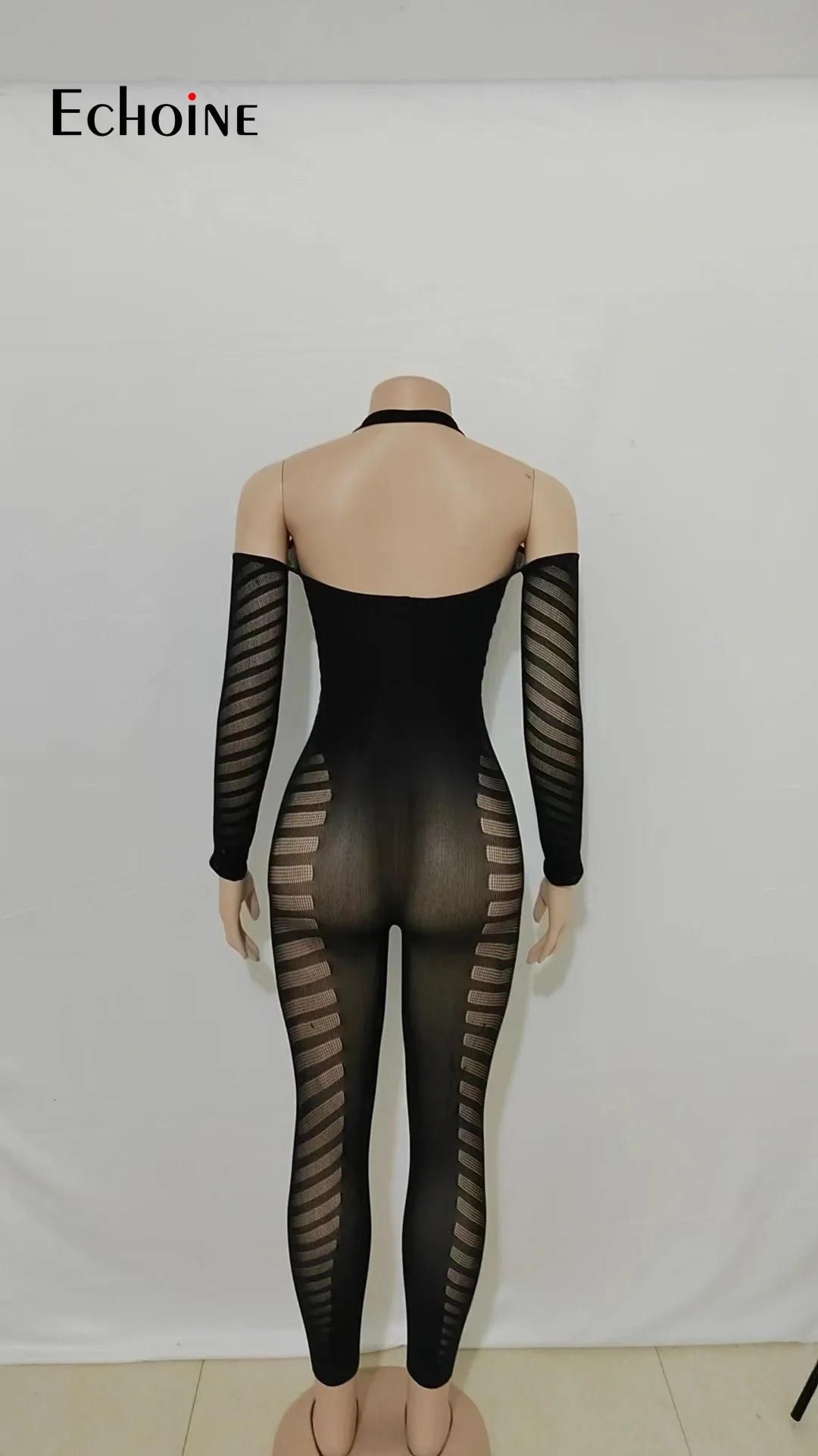 Echoine Womens Sexy Halter neck Hollow backless long sleeve Bodycon Jumpsuit Fashion Party Club Playsuits Pants Rompers 250227