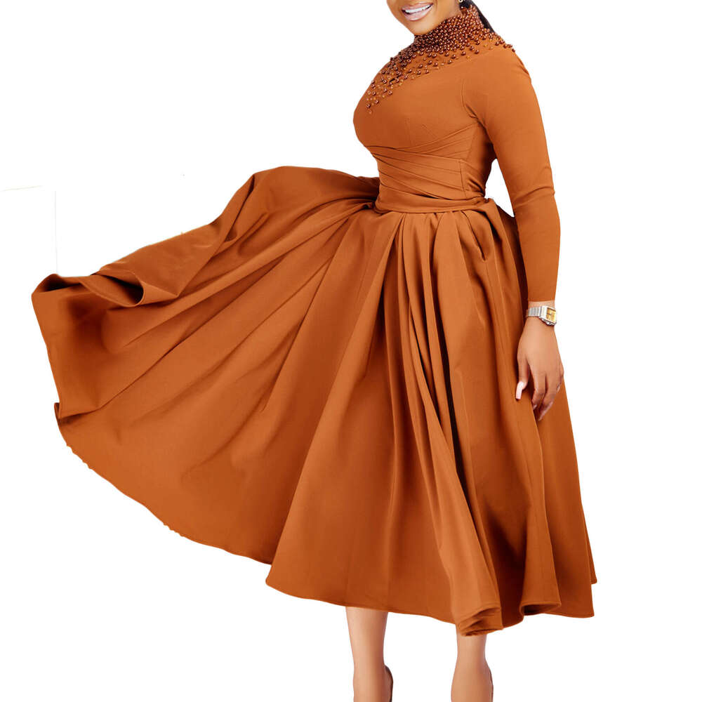 D454 Women's Fashionable High Collar Elegant Nail Bead Grand Swing with Waist Folding African Dress 2025 New Casual Versatile Fashion Clothing