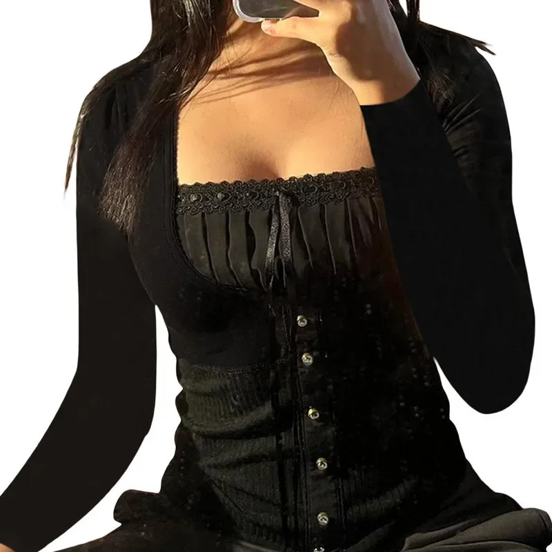 Y2K top womens clothing sweet Tshirt crop spring and autumn retro lace patch work long sleeved 250226