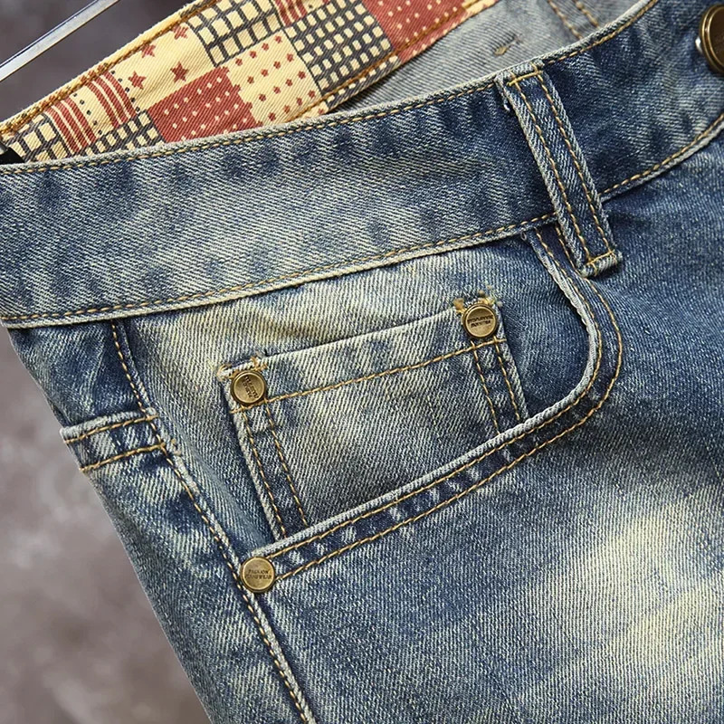 Summer Mens Perforated Denim Shorts Loose Straight Capris Casual Versatile Middle Pants 250226
