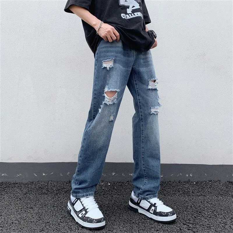 Mens open top denim jeans ripped straight casual street pants Hipster High Street Blue Pants X250227