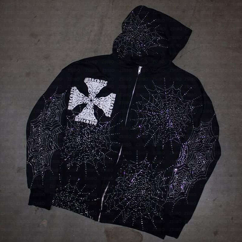 2025 Spring Dark Gothic Hip Hop Harajuku Complex Hot Diamond Zipper Men's and Women's Loose Hoodie