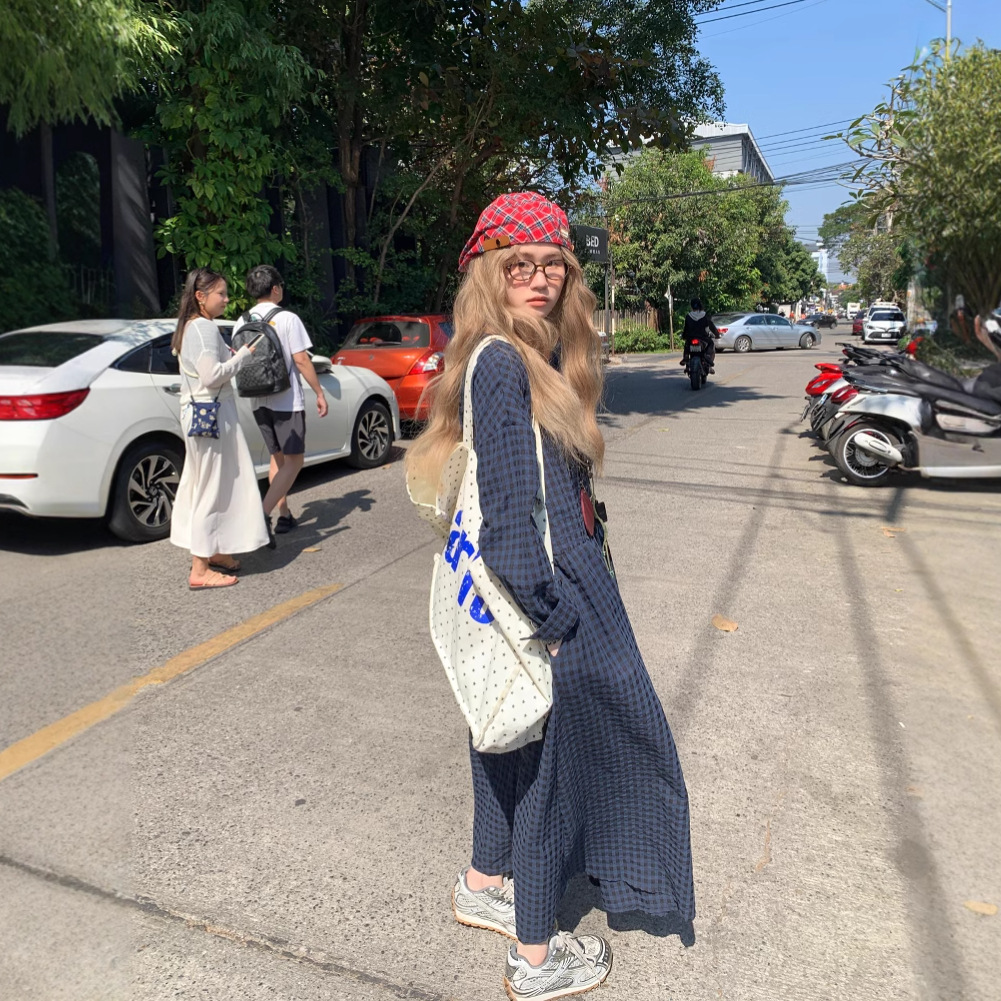 F118 Temperament College Style Japanese Long Sleeve Plaid Dress Spring New Style Age Reducing Loose Covering Meat Senior Long Dress