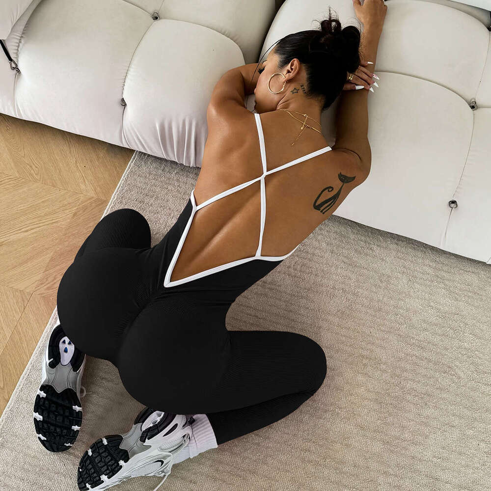 Explosive color blocking suspender sports yoga sleeveless quick drying thread tight fiess jumpsuit 2025 temperament versatile new trendy clothing ins