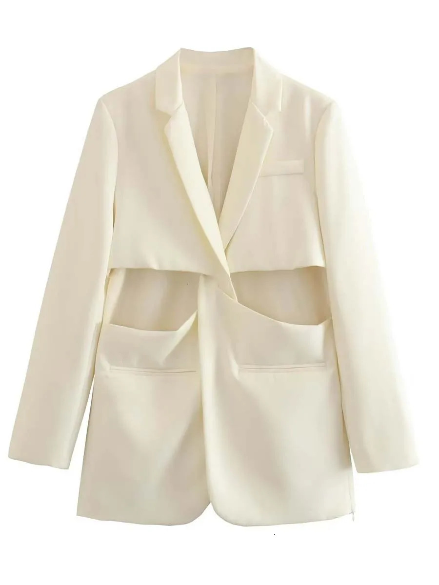 Hollow Out Beige Blazer Women Autumn Casual Long Sleeve Jacket Female Fashion Cut Solid Color High Street Slim Coats 250227