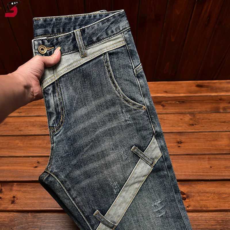 High-End Trendy Jeans Mens Stitching Patchwork Fashion Stretch Slim-Fitting Ankle-Tied Trendy Brand In Pants X250227