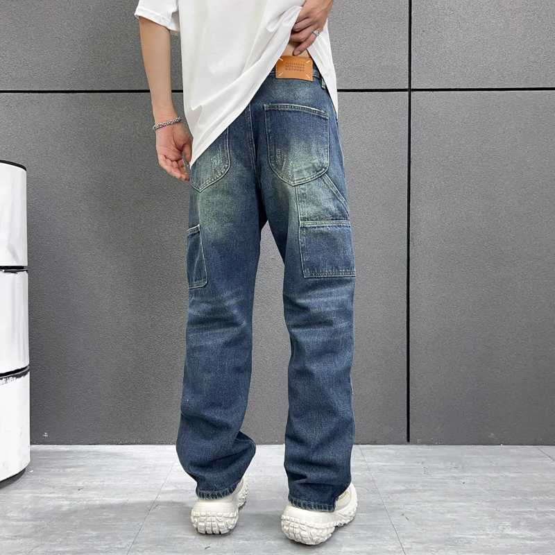 Washed distressed fashionable and trendy jeans American style trendy mens high street loose fitting straight leg mens jeans X250227