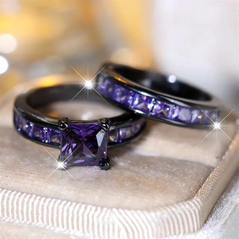 Princess Cut Lab Amethyst Ring Set 10KT Black Gold Engagement Wedding Band Rings for Women Men Promise Party Jewelry