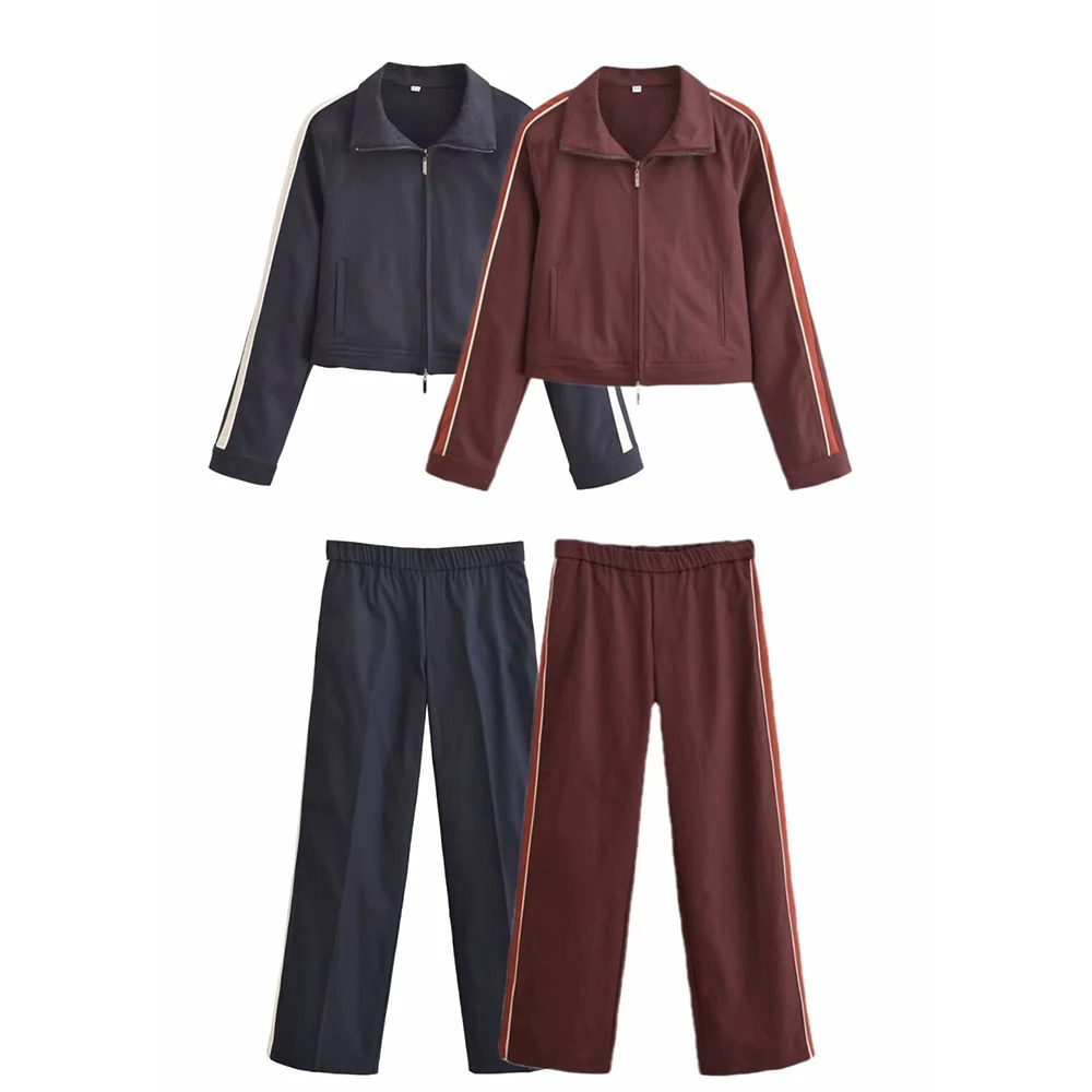 UNIZERA side striped belt decoration long sleeved jacket trousers autumn and winter product set for women 250226